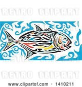 Vector Clip Art of Retro Colorful Tribal Art Style Giant Trevally Kingfish and Blue Water by Patrimonio
