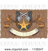 Vector Clip Art of Retro Colt 45 Pistols Sheriff Star Horses Shoe and Banner on Brow by Patrimonio