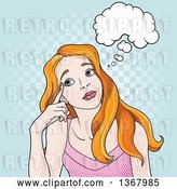 Vector Clip Art of Retro Comic Dot Styled Red Haired White Lady Touching Her Temple and Thinking, over Checkers by Pushkin