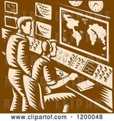 Vector Clip Art of Retro Command Center Control Room with Two Male Operators in Brown Woodcut by Patrimonio
