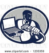 Vector Clip Art of Retro Computer Repair Guy with a Cable and Laptop in a Gray Oval by Patrimonio