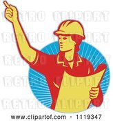 Vector Clip Art of Retro Construction Engineerwoman Directing and Holding Blueprints over Rays by Patrimonio