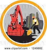 Vector Clip Art of Retro Construction Worker and Digger Machine in a Circle by Patrimonio
