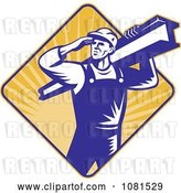 Vector Clip Art of Retro Construction Worker Carrying a Beam over a Diamond of Rays by Patrimonio
