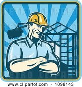 Vector Clip Art of Retro Construction Worker Foreman Smiling with Folded Arms with a Home Being Built in the Background by Patrimonio
