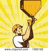 Vector Clip Art of Retro Construction Worker Grabbing a Hook over Rays by Patrimonio