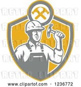 Vector Clip Art of Retro Construction Worker Guy Holding a Hammer in a Shield by Patrimonio