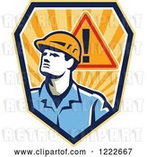 Vector Clip Art of Retro Construction Worker Guy with a Warning Sign over a Shield of Rays by Patrimonio