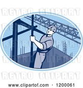 Vector Clip Art of Retro Construction Worker on Scaffolding in a Blue Oval by Patrimonio