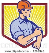 Vector Clip Art of Retro Construction Worker Rolling up His Sleeves over a Sunny Shield by Patrimonio