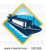 Vector Clip Art of Retro Container Cargo Ship Emerging from a Yellow and Blue Sunset and Ocean Diamond by Patrimonio
