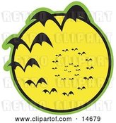 Vector Clip Art of Retro Continuous Vortex Spiral of Vampire Bats Flying in Silhouette Against a Bright Full Yellow Moon and Slowly Disappearing in the Distance Clipart Illustration by Andy Nortnik