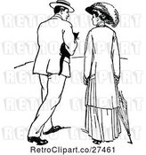 Vector Clip Art of Retro Courting Couple Strolling with a Cat by Prawny Vintage