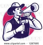 Vector Clip Art of Retro Cowboy Auctioneer Holding a Gavel and Shouting in a Bullhorn Megaphone, in a Purple and Pink Circle by Patrimonio