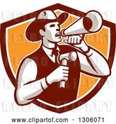 Vector Clip Art of Retro Cowboy Auctioneer Using a Megaphone and Holding a Gavel in a Brown White and Orange Shield by Patrimonio