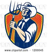 Vector Clip Art of Retro Cowboy Farmer Holding a Pitchfork over a Shield of Rays by Patrimonio