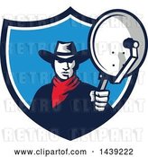Vector Clip Art of Retro Cowboy Holding and Aiming a Satellite Dish in a Crest by Patrimonio