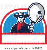 Vector Clip Art of Retro Cowboy Holding and Aiming a Satellite Dish in a Half Circle by Patrimonio