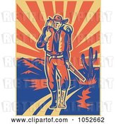 Vector Clip Art of Retro Cowboy Walking with a Pack and Rifle in a Desert by Patrimonio