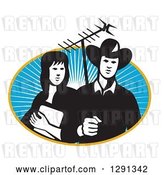 Vector Clip Art of Retro Cowgirl and Cowboy Holding a Tv Antennae in an Oval of Sunshine by Patrimonio