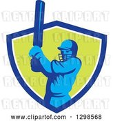 Vector Clip Art of Retro Cricket Batsman Emerging from a Blue White and Green Shield by Patrimonio