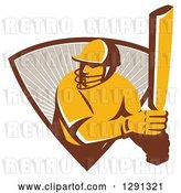 Vector Clip Art of Retro Cricket Batsman Player Emerging from a Triangle of Rays by Patrimonio