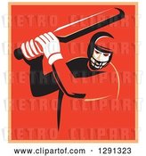 Vector Clip Art of Retro Cricket Batsman Player in a Red and Orange Square, with a White Border by Patrimonio