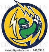 Vector Clip Art of Retro Cricket Batsman Swinging a Lightning Bolt in a Blue and Yellow Circle by Patrimonio