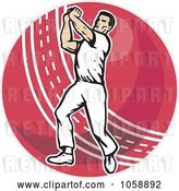 Vector Clip Art of Retro Cricket Bowler over a Red Ball by Patrimonio