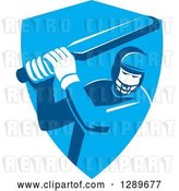 Vector Clip Art of Retro Cricket Player Batsman in a Blue Shield by Patrimonio