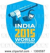 Vector Clip Art of Retro Cricket Player Batsman in a Blue Shield with India 2015 World Champions Text by Patrimonio