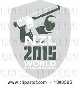Vector Clip Art of Retro Cricket Player Batsman in a Gray Shield with NZL 2015 World Champions Text by Patrimonio