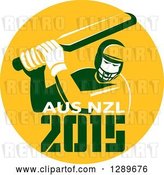 Vector Clip Art of Retro Cricket Player Batsman in a Yellow Circle with 2015 Australia New Zealand Text by Patrimonio