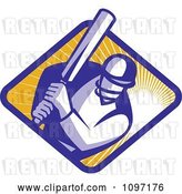Vector Clip Art of Retro Cricket Player Batsman over a Ray Diamond by Patrimonio