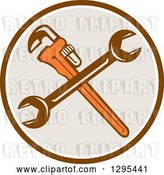 Vector Clip Art of Retro Crossed Plumber Monkey Wrench and Spanner Wrench in a Brown White and Taupe Circle by Patrimonio