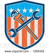 Vector Clip Art of Retro Crossed Plumber Monkey Wrench and Spanner Wrench in an American Shield by Patrimonio
