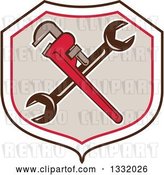 Vector Clip Art of Retro Crossed Spanner and Monkey Wrenches in a Black White Red and Tan Shield by Patrimonio