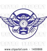 Vector Clip Art of Retro Crossed Spoon, Fork and Bone with Wings over a Headlamp in a Blue and White Plate Circle by Patrimonio
