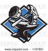 Vector Clip Art of Retro Crossed Woodcut Sledgehammer and Dumbbell over an Anvil and Blue Ray Diamond by Patrimonio