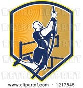 Vector Clip Art of Retro Crossfit Athlete Climbing a Rope over a Shield of Rays by Patrimonio