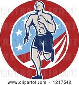 Vector Clip Art of Retro Crossfit Athlete Guy Running over an American Circle by Patrimonio