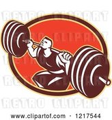 Vector Clip Art of Retro Crossfit Athlete Guy Squatting with a Heavy Barbell over an Oval by Patrimonio
