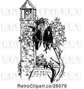 Vector Clip Art of Retro Crow Couple by a Bell Tower by Prawny Vintage