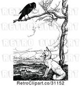 Vector Clip Art of Retro Crow in a Tree Above a Fox by Prawny Vintage