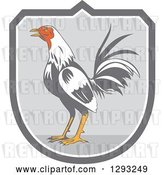Vector Clip Art of Retro Crowing Rooster in a Gray and White Shield by Patrimonio