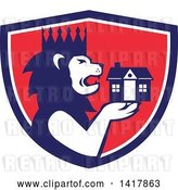 Vector Clip Art of Retro Crowned King Lion Holding a House in a Blue White and Red Crest by Patrimonio
