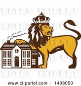 Vector Clip Art of Retro Crowned King Lion Resting a Paw on a House by Patrimonio