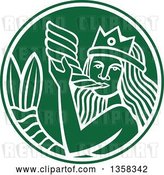 Vector Clip Art of Retro Crowned Mermaid Blowing a Shell Horn in a Green and White Circle by Patrimonio