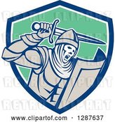 Vector Clip Art of Retro Crusader Knight Wielding a Sword in a Blue White and Green Shield by Patrimonio