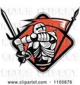 Vector Clip Art of Retro Crusader Knight with a Sword and Red Flag in a Diamond by Patrimonio